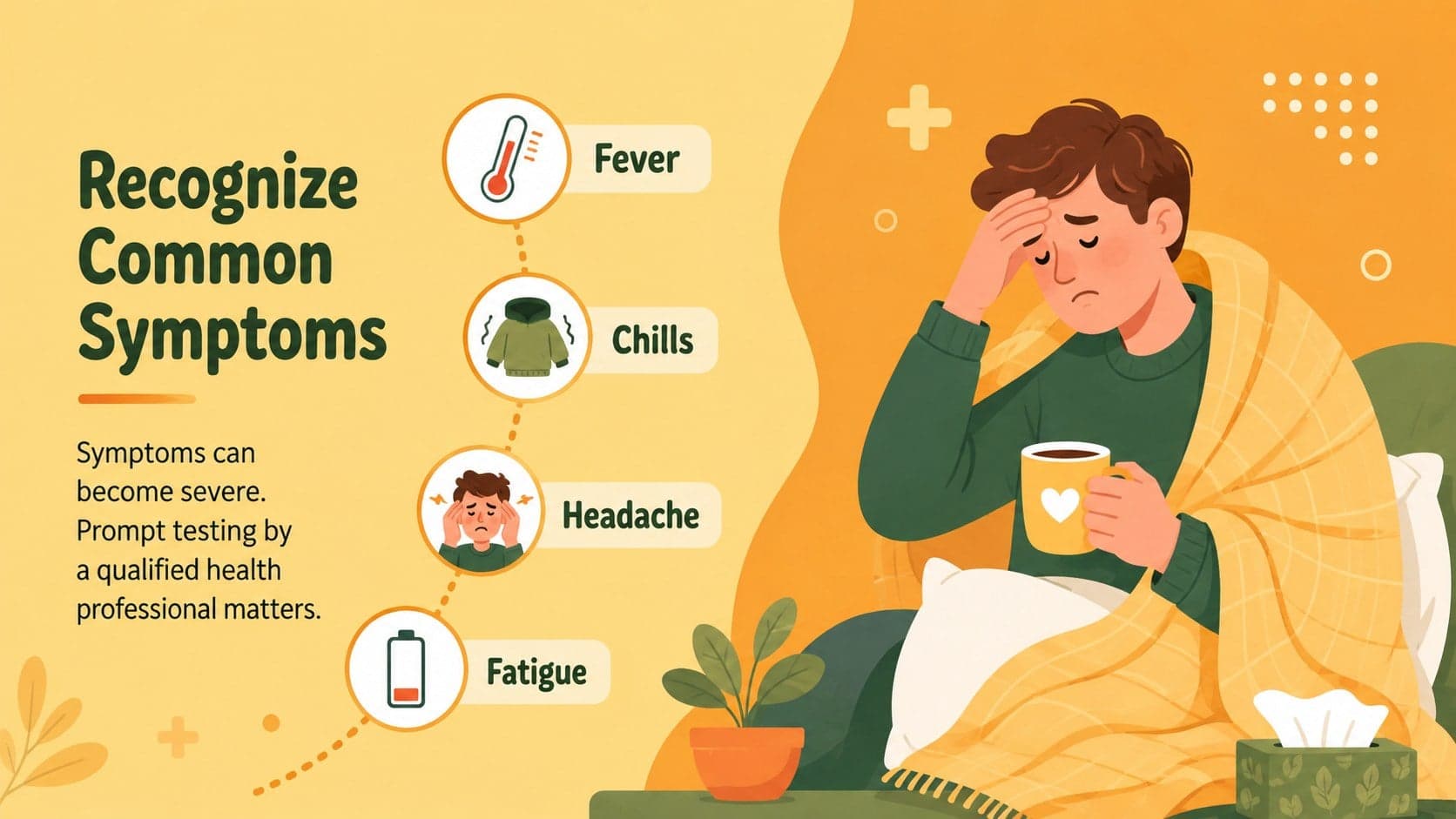 Malaria symptoms and treatment presentation slide highlighting fever, chills, headache, and fatigue.