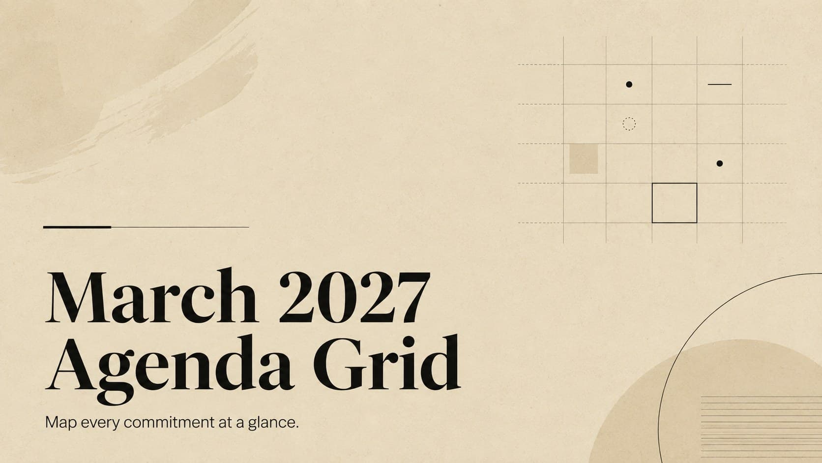 Minimalist beige cover for the March 2027 agenda grid with bold black typography and a compact calendar motif.