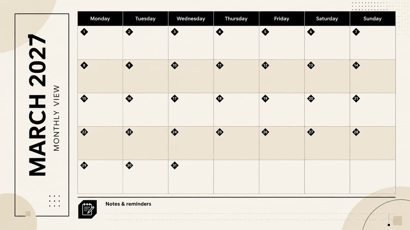 Editable March 2027 calendar slide displaying a spacious Monday-to-Sunday monthly schedule in beige and black.