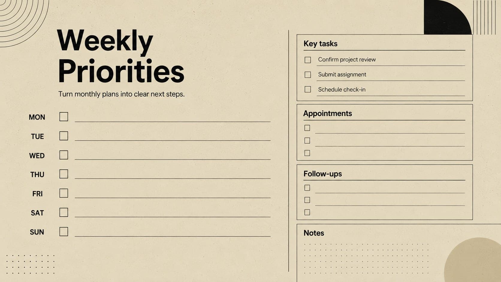 Minimalist March 2027 weekly priorities slide with sections for key tasks, appointments, and follow-ups.