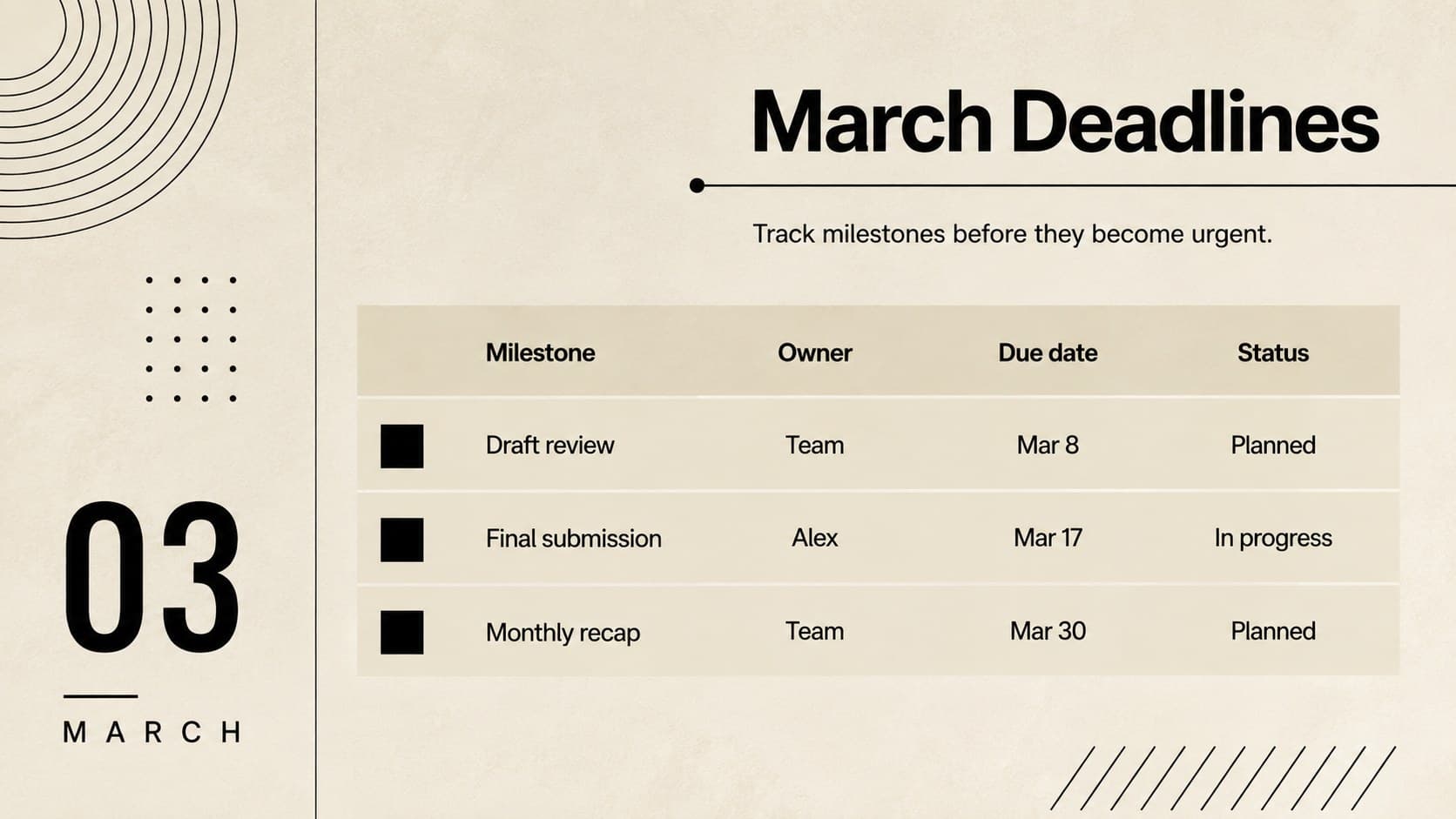 Beige and black monthly deadline tracker for March 2027 with milestone, owner, date, and status columns.
