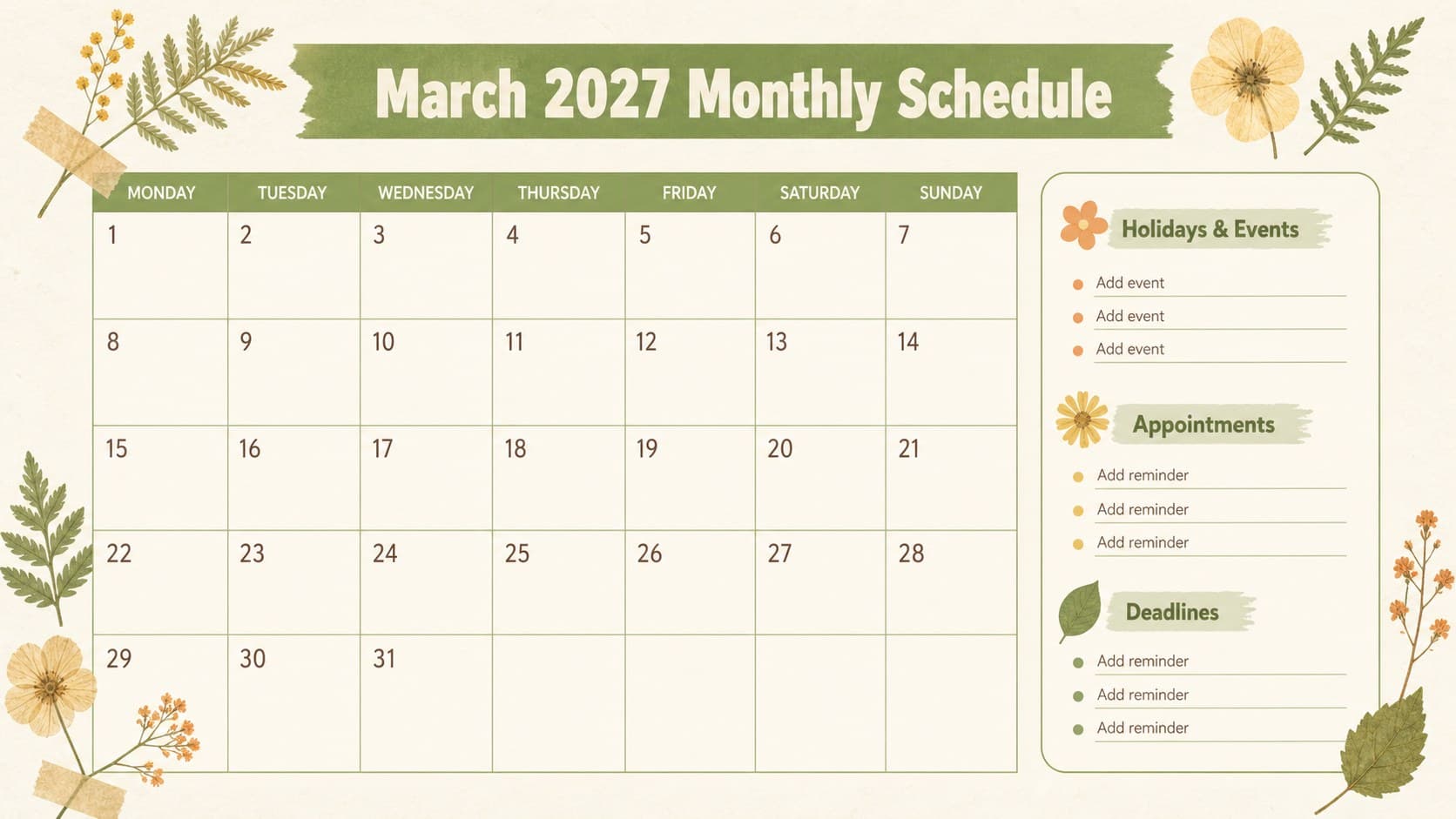 Editable March 2027 monthly schedule with a calendar grid for holidays, appointments, and deadlines.