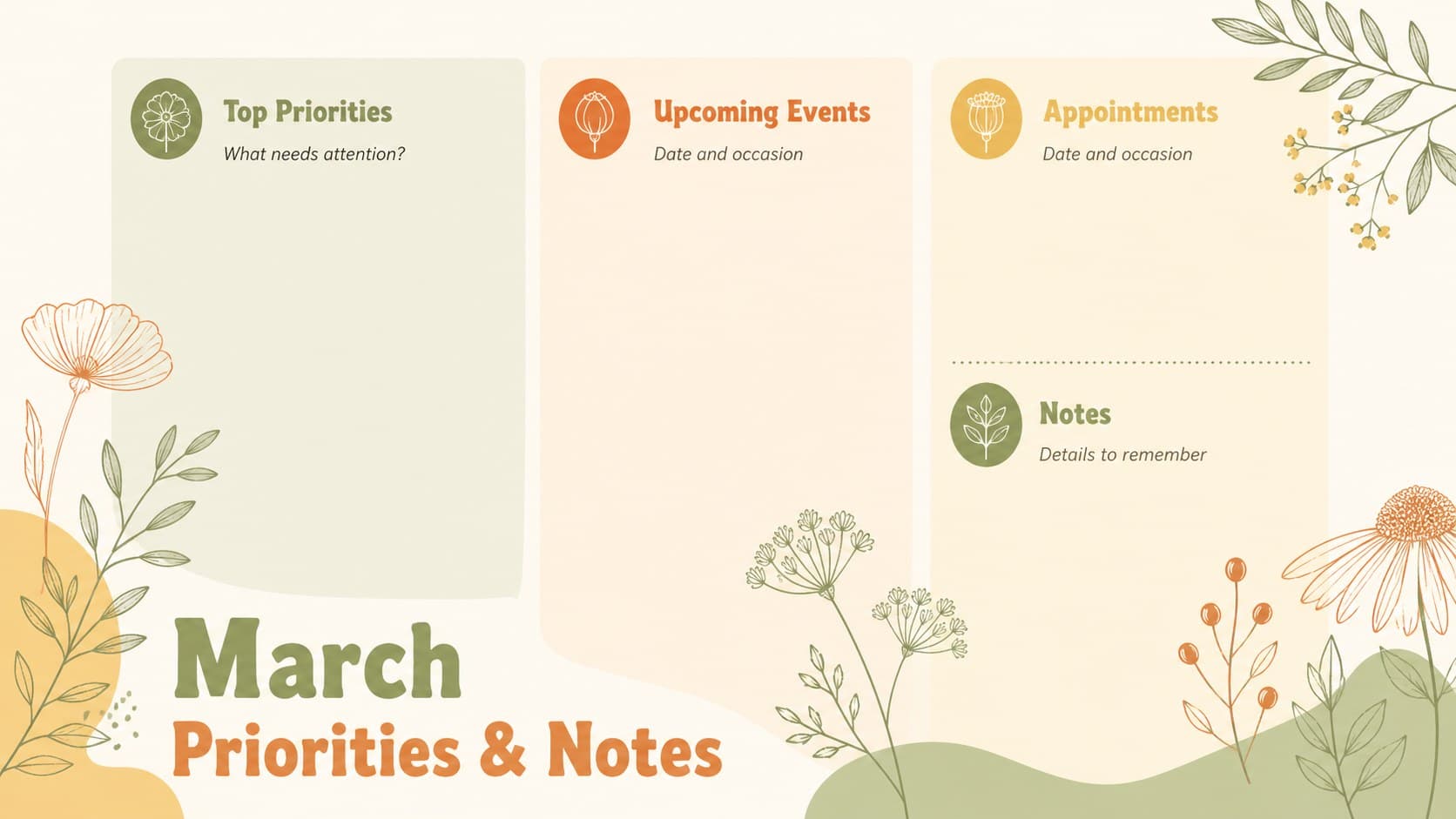 March appointment tracker and monthly priorities page with sections for events, tasks, and notes.