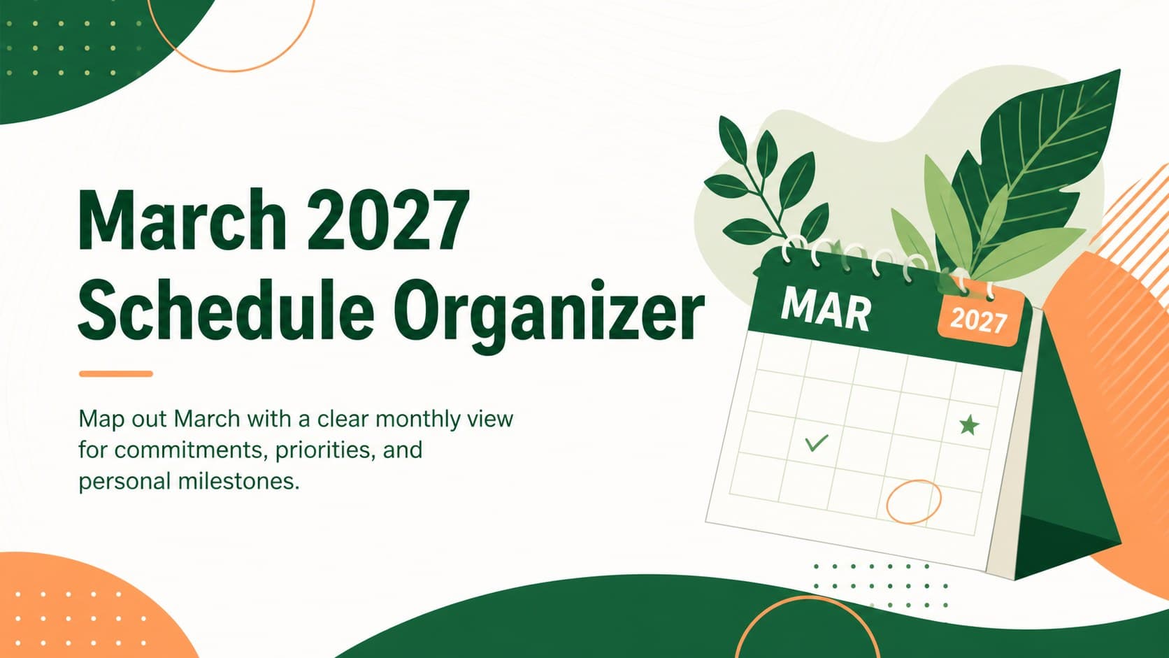 Cover of the March 2027 schedule organizer with modern green, orange, and white calendar-inspired graphics.