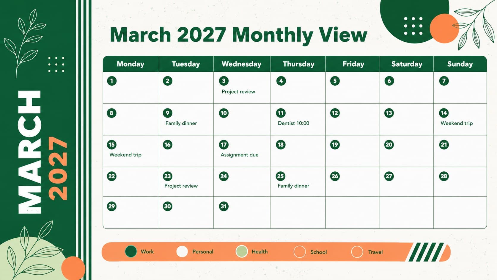 Editable March 2027 calendar slide with a dated monthly grid and color-coded schedule entries.