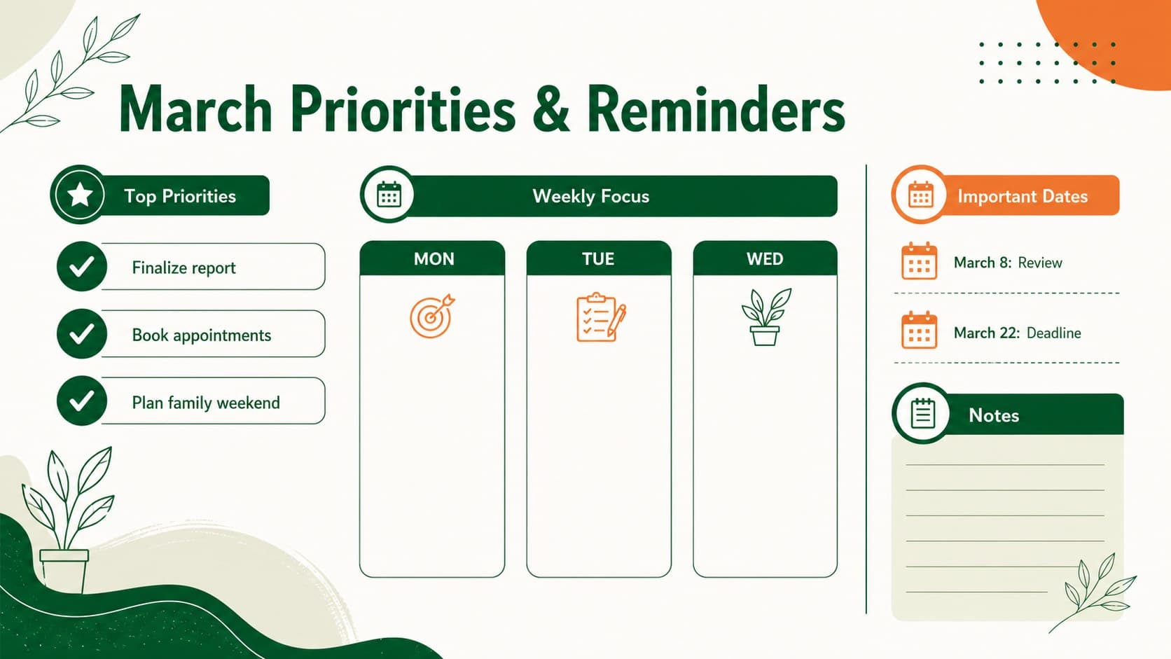 Personal monthly schedule deck page for March priorities, reminders, goals, and important dates.