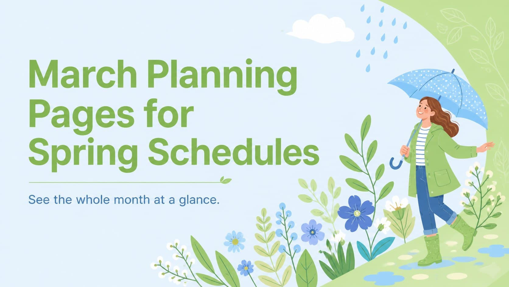 Cover for March planning pages featuring fresh green and blue spring illustrations around a clean title layout.