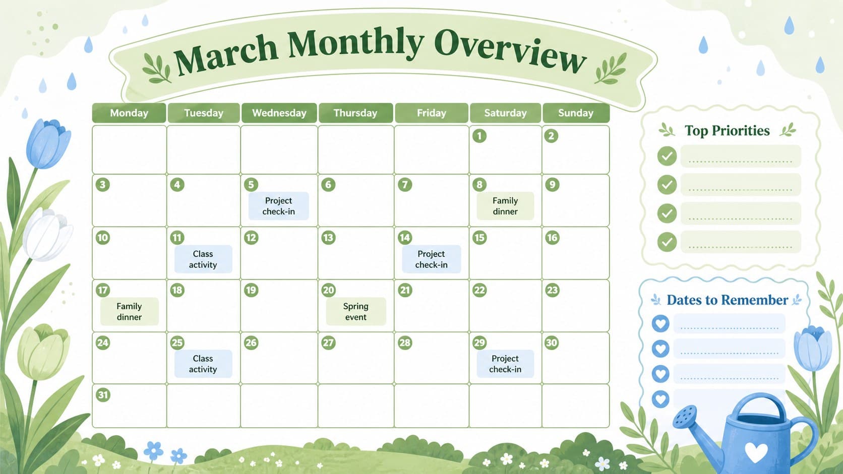 Editable March schedule slide with a monthly calendar grid, priority list, and green floral accents.