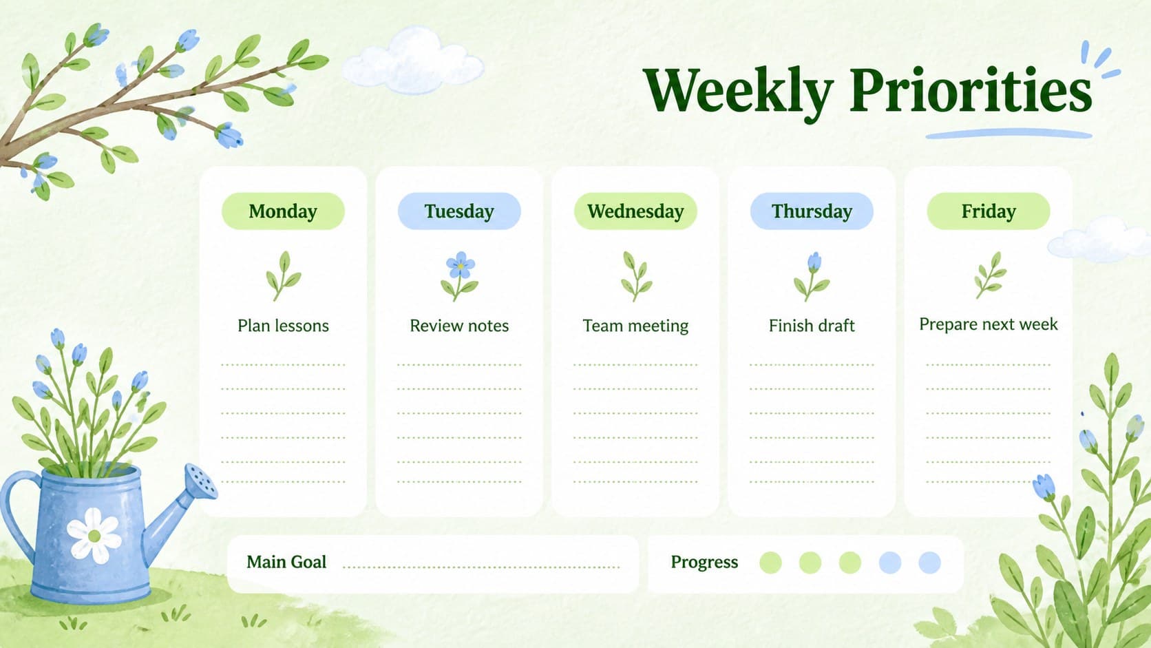 Spring classroom calendar template showing weekly priorities, daily tasks, and a compact progress tracker.