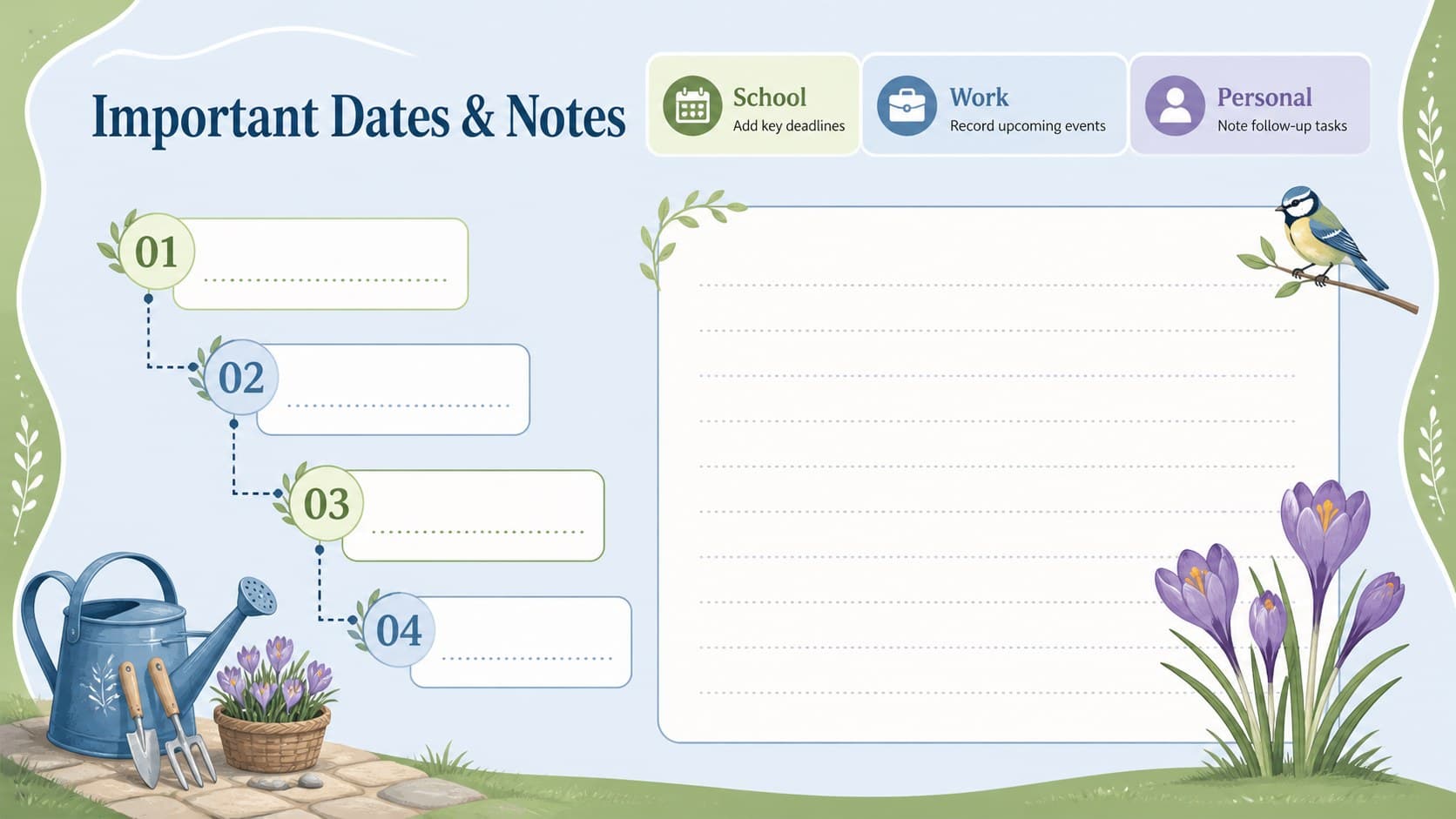 March lesson planning calendar page with important dates, categorized reminders, and a lined notes area.