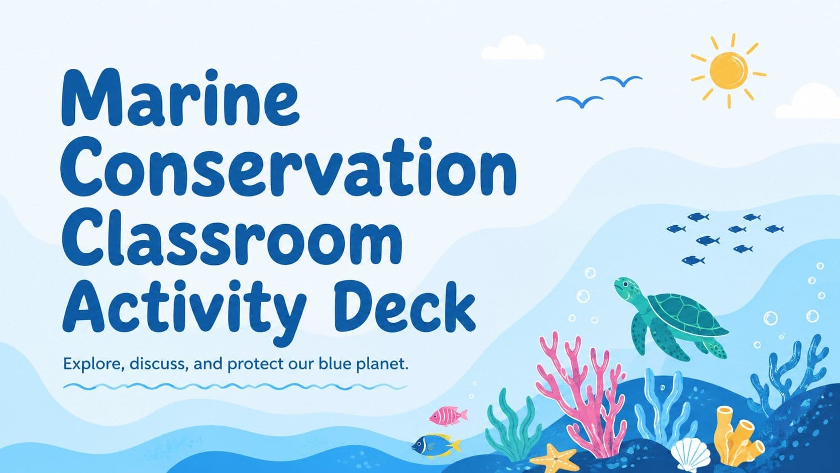 Cover of a marine conservation classroom activity deck with playful underwater illustrations and a bold blue title.