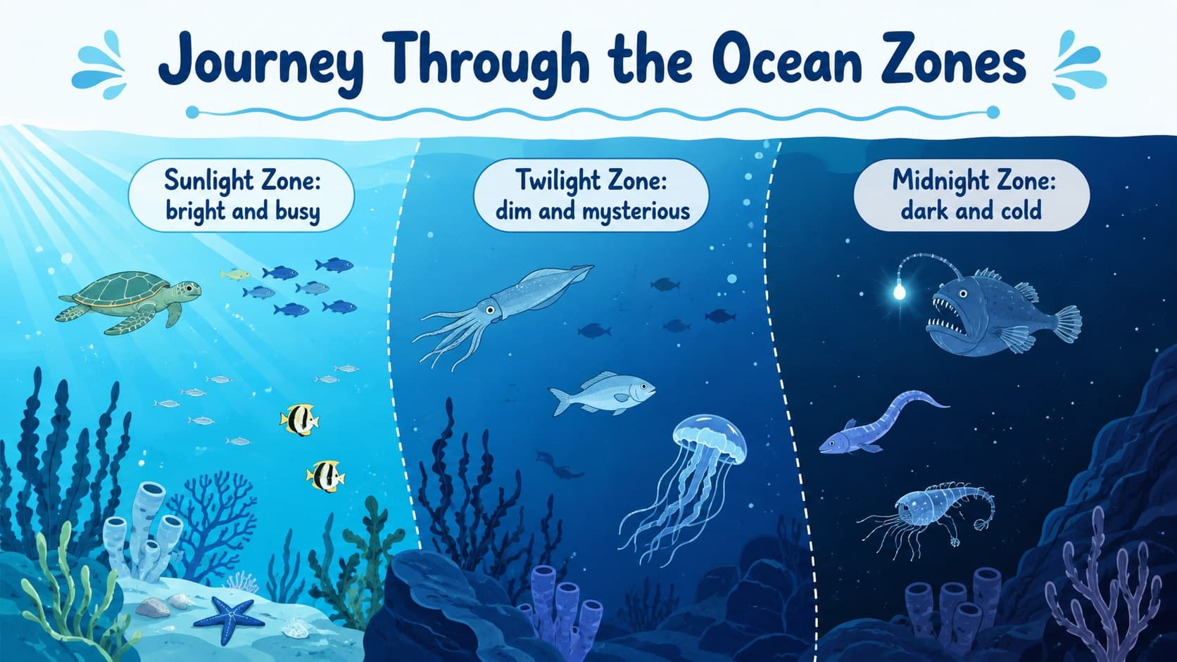 Ocean literacy classroom slide comparing sunlight, twilight, and midnight ocean zones.