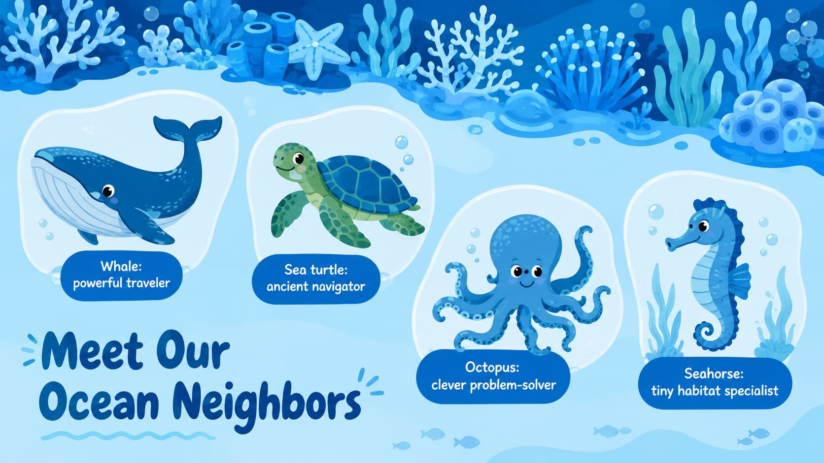 Kid-friendly marine life lesson slide featuring original whale, turtle, octopus, and seahorse illustrations.