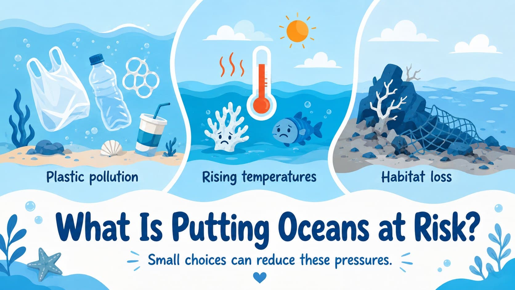 Ocean pollution discussion slide comparing plastic waste, warming water, and habitat loss.