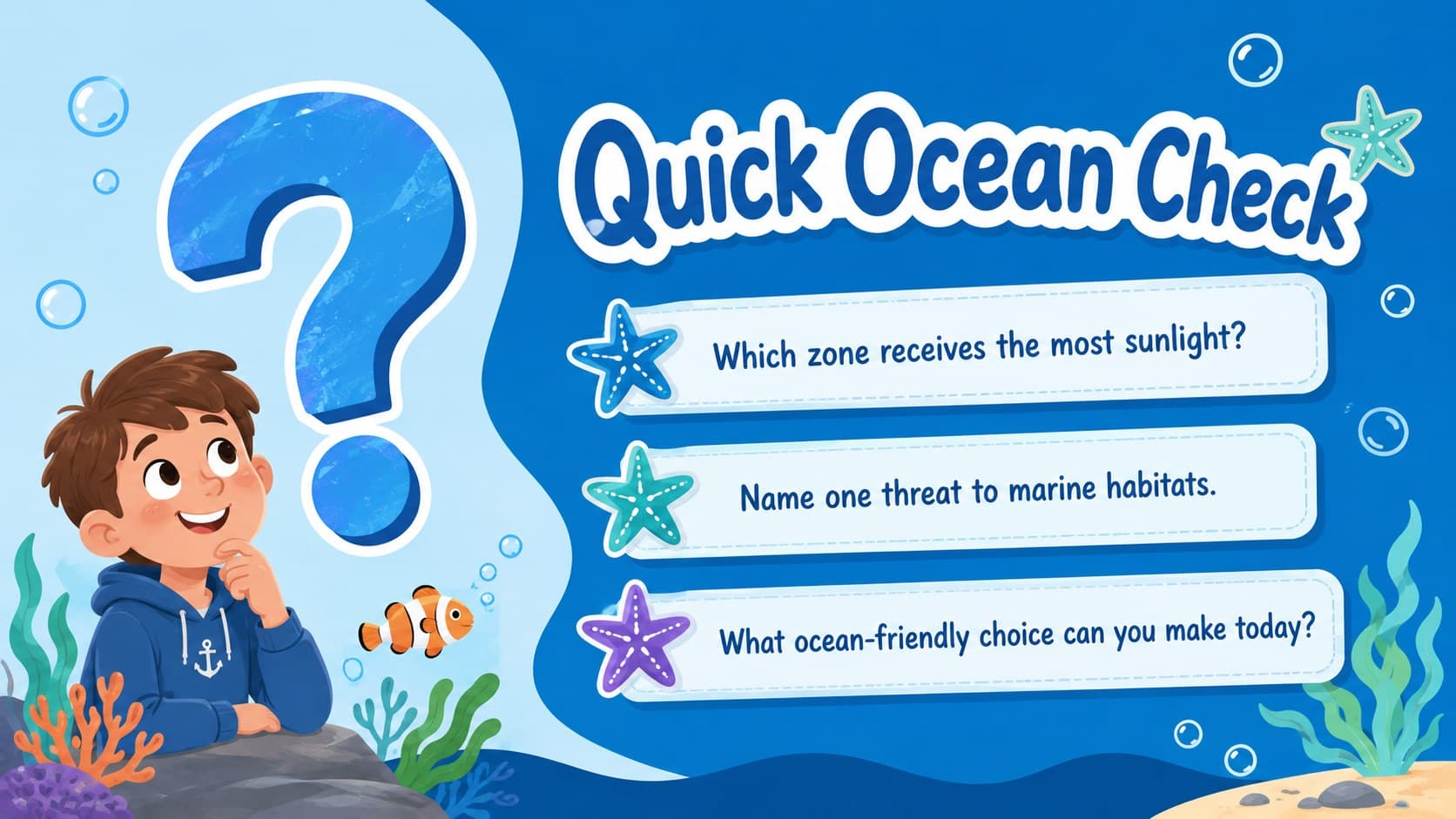 Ocean facts quiz slide with three student-friendly questions and playful blue sea graphics.
