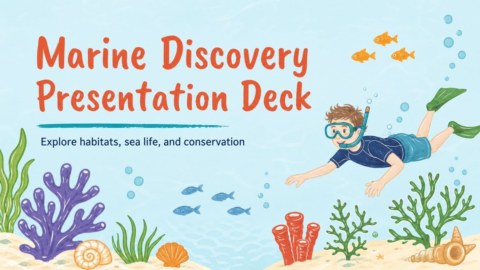 Pastel blue cover slide for a marine discovery presentation deck featuring friendly underwater illustrations and a clear classroom title.