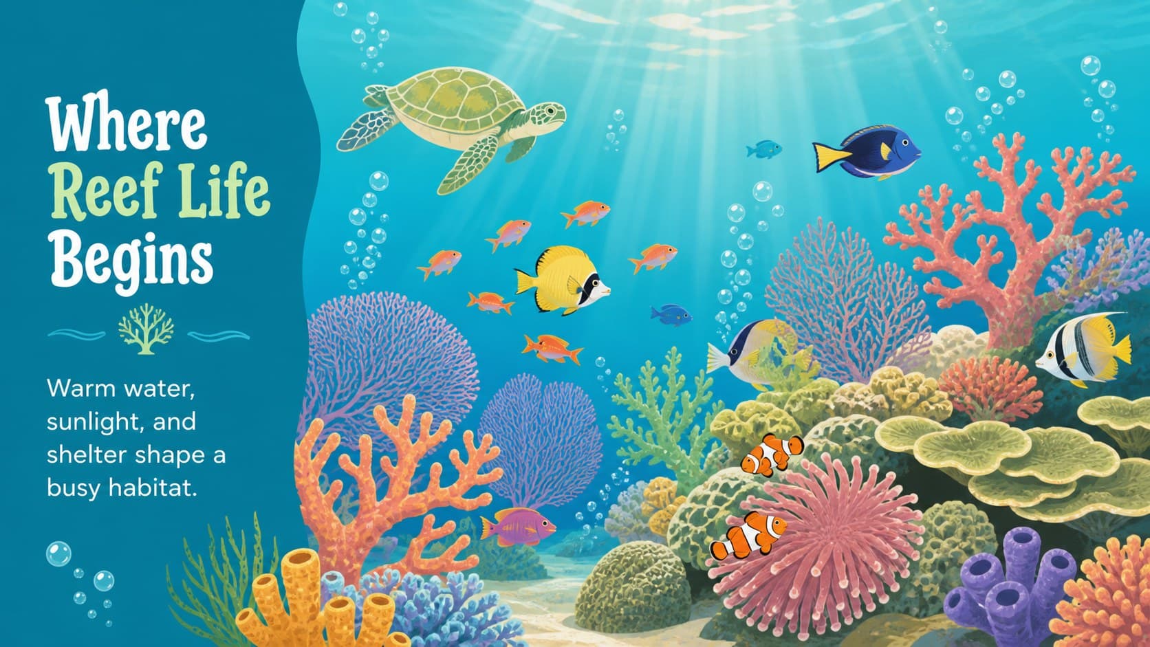 Underwater science lesson slide introducing coral reef habitats with layered illustrated marine life.