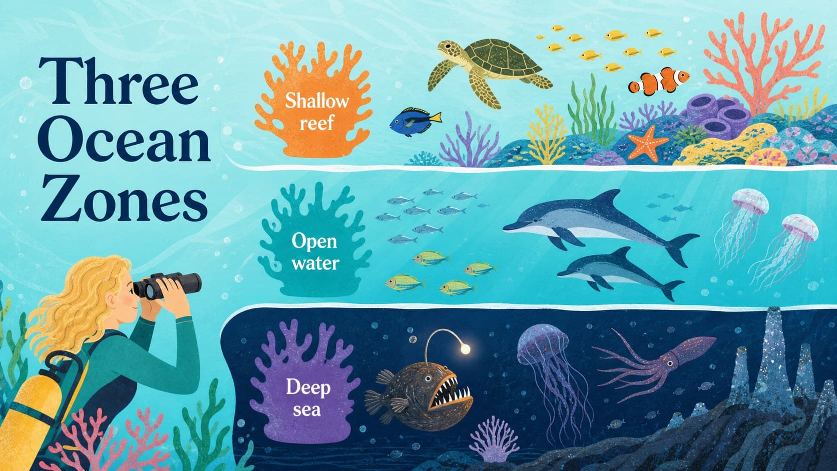 Aquatic ecosystem slide comparing shallow reef, open water, and deep sea environments.