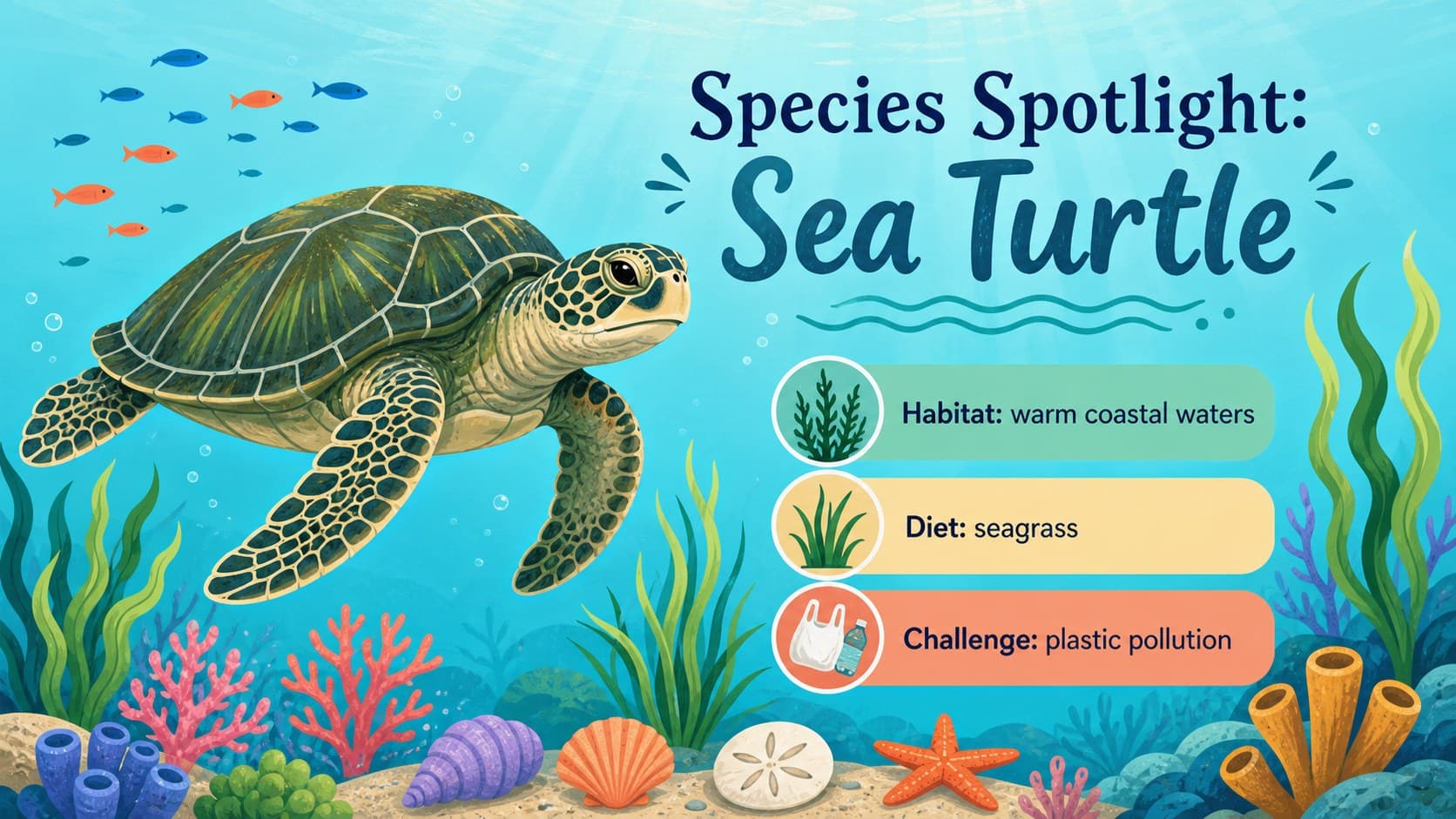 Species profile slide featuring an illustrated sea turtle, habitat facts, and conservation notes.