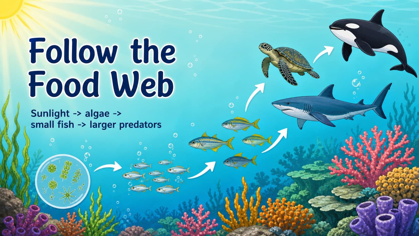Underwater science slide explaining a food web with fish, plankton, algae, and predator connections.