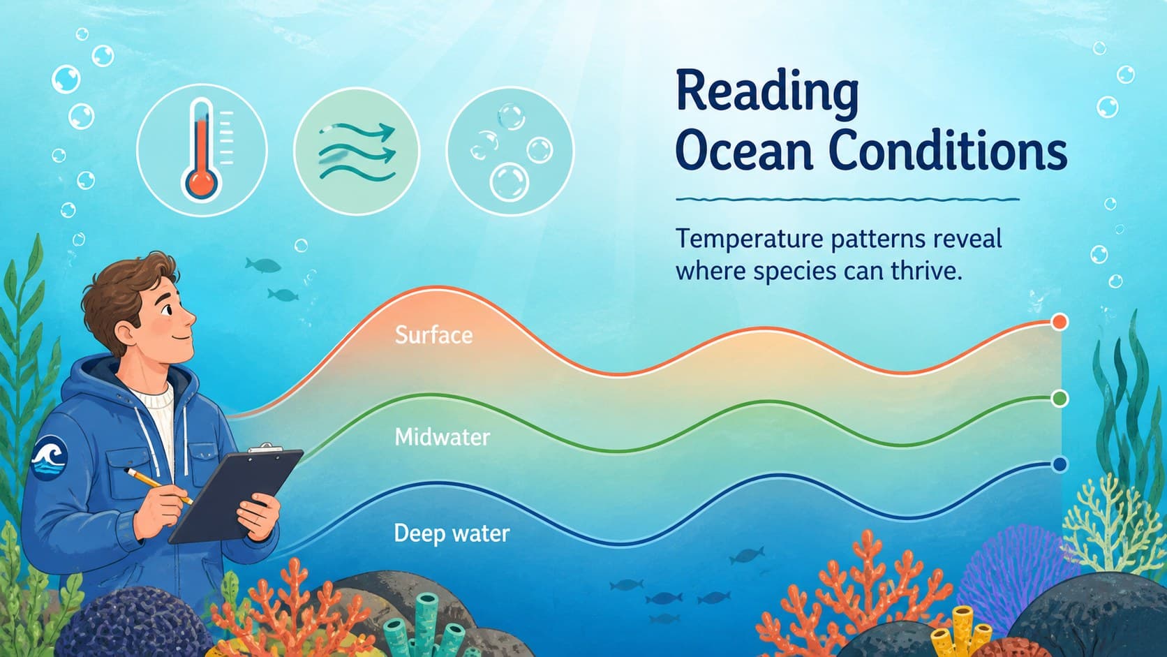 Marine biology project slide displaying ocean temperature data in an illustrated chart layout.