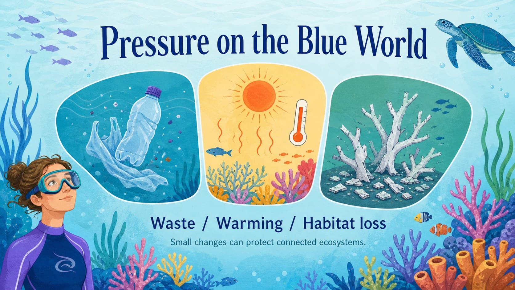 Ocean conservation slide outlining threats from waste, warming water, and habitat loss.