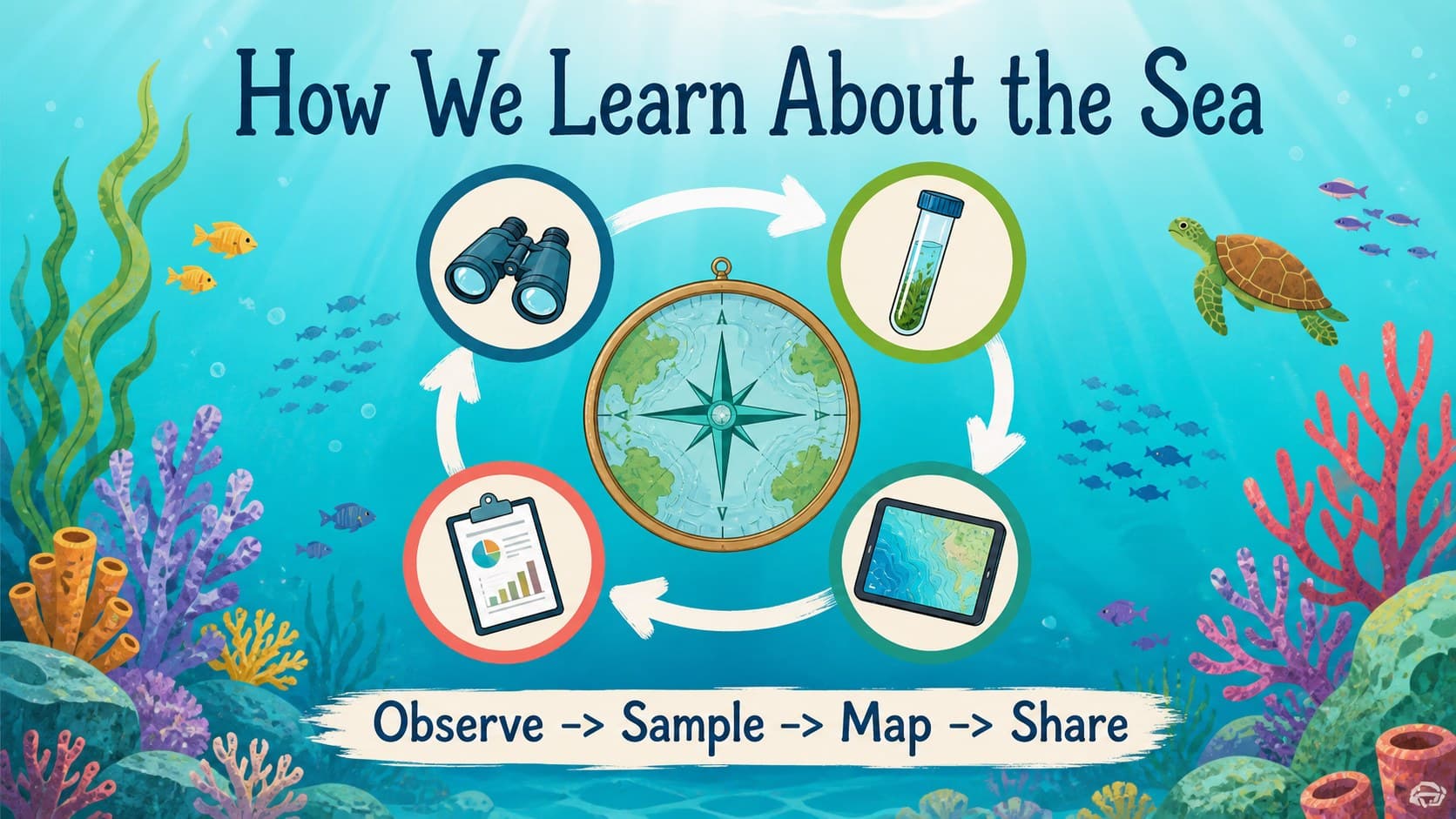 Marine research methods slide showing observation, sampling, mapping, and community reporting.