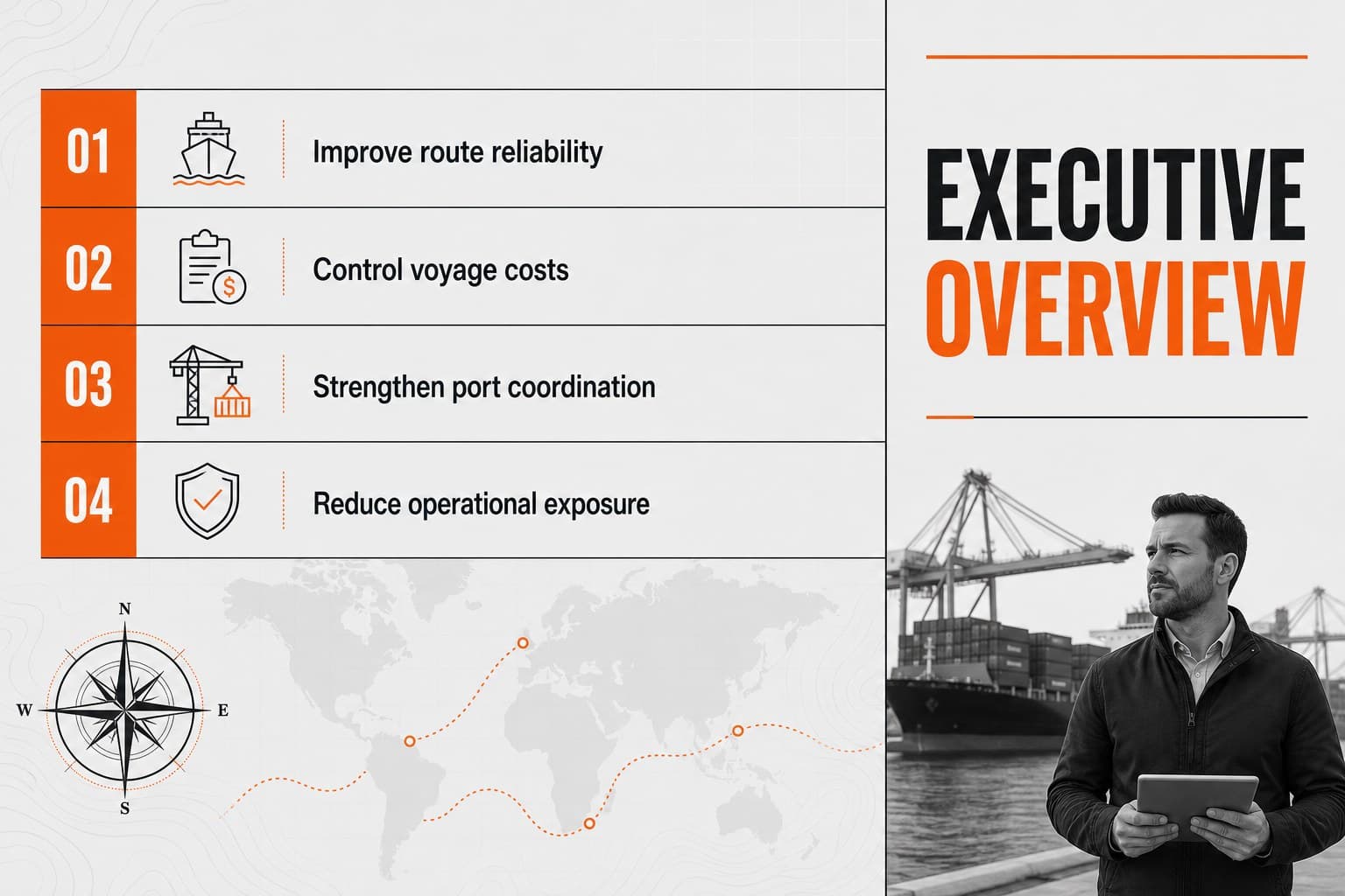 Executive overview slide from a maritime logistics consulting presentation with four strategic priorities.