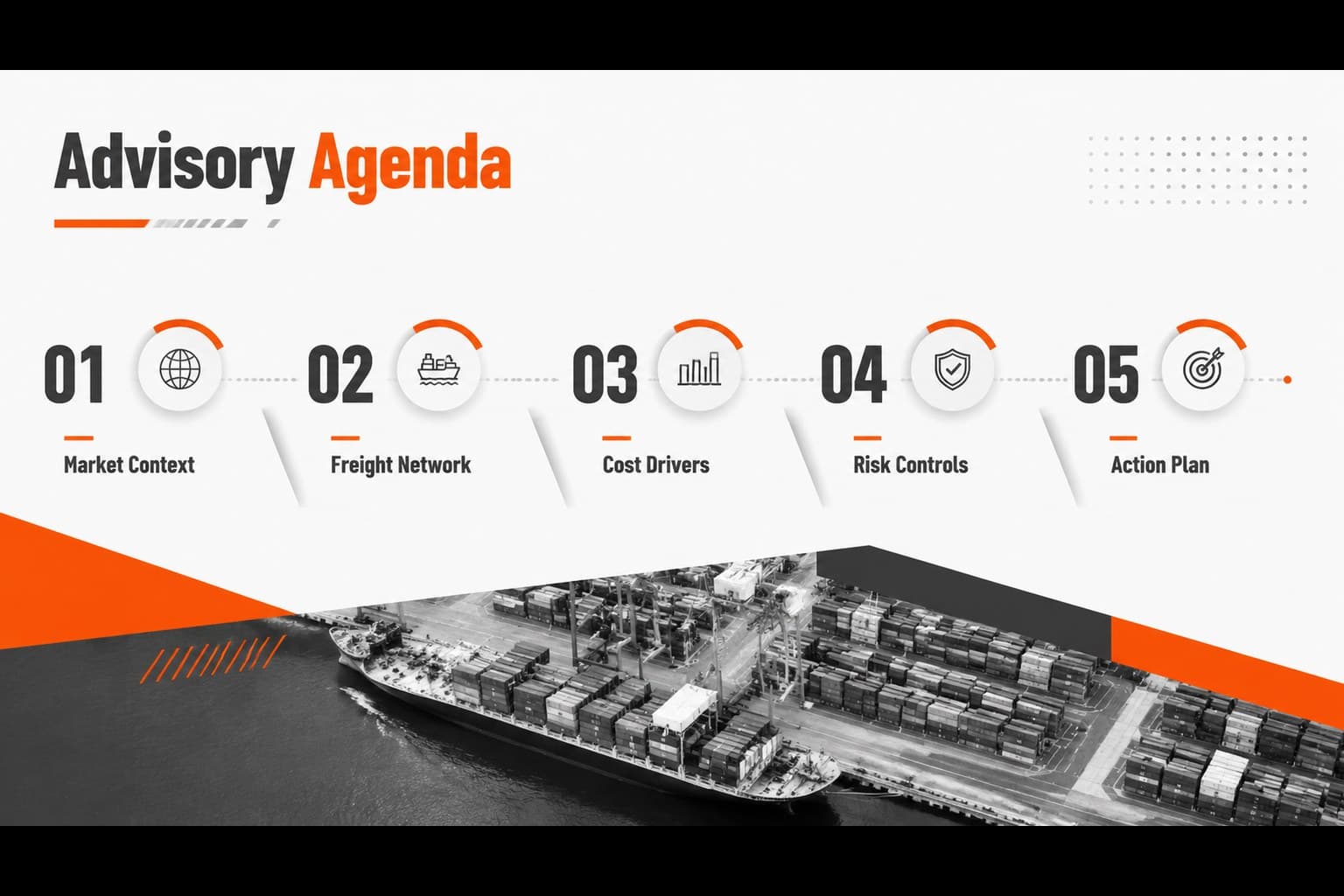 Ocean freight strategy presentation agenda listing market, network, cost, risk, and action topics.