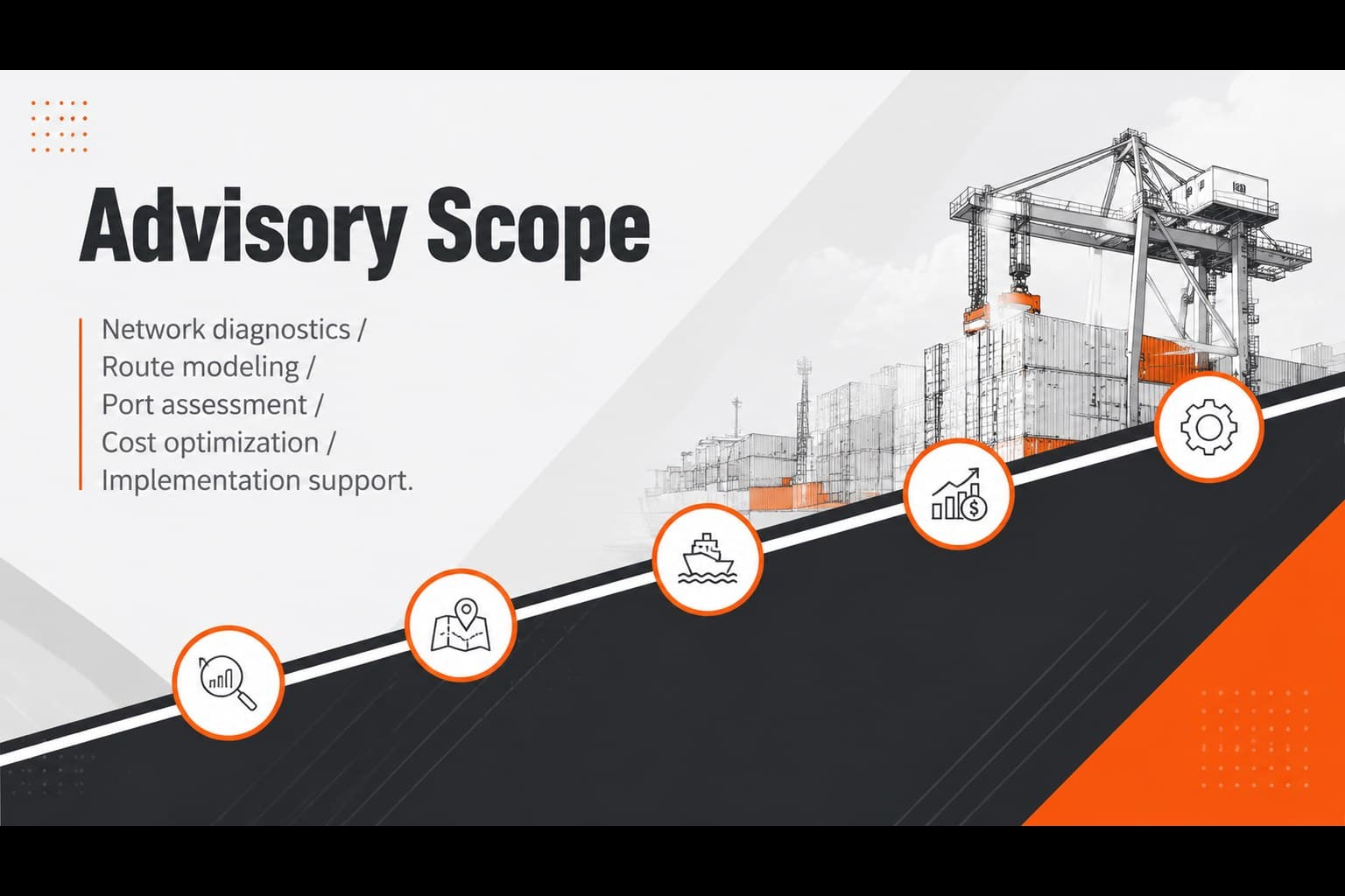 Maritime freight advisory slide mapping consulting services from network diagnostics to implementation.