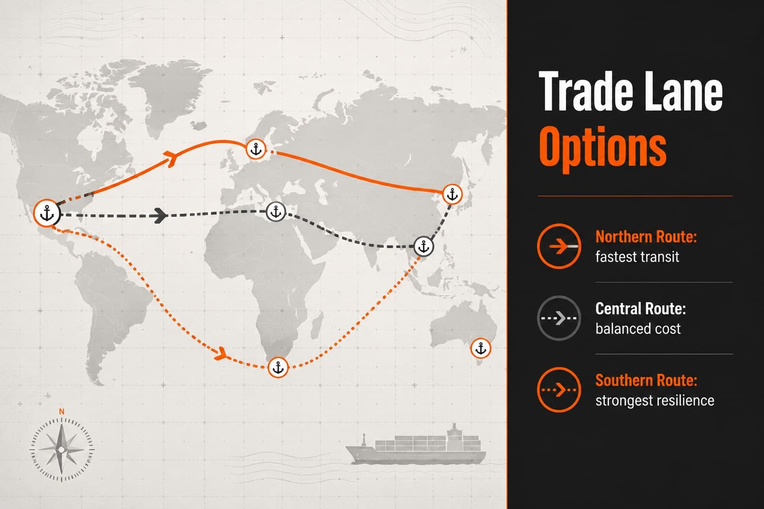 Container shipping route analysis slide comparing northern, central, and southern trade lanes.