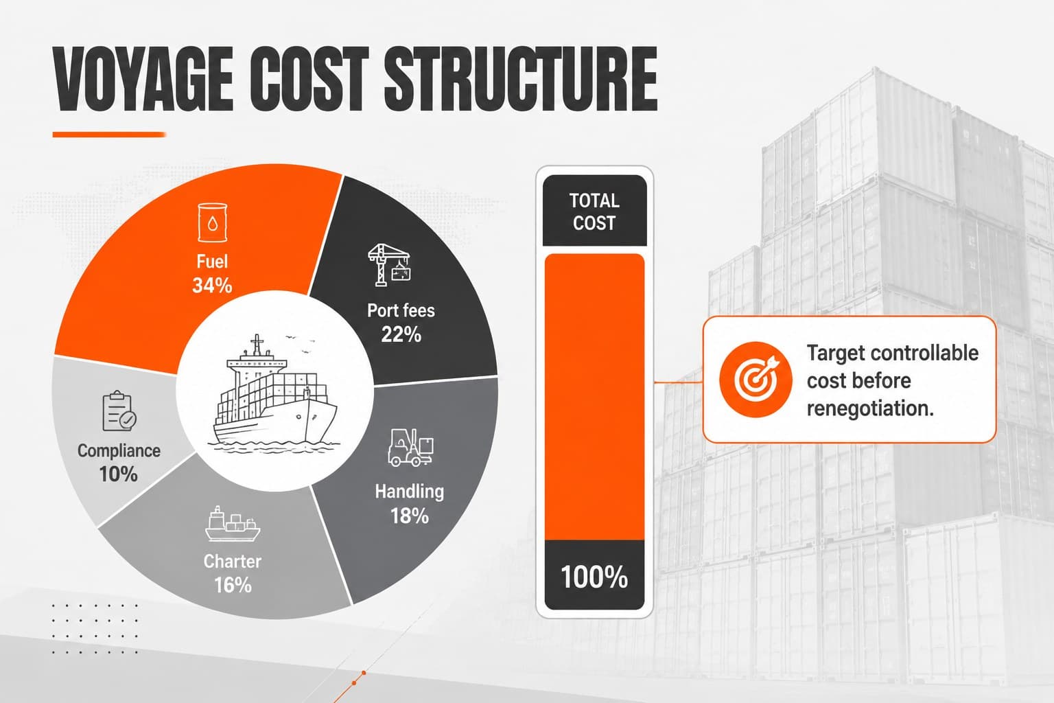 Shipping cost breakdown template with fuel, port, handling, charter, and compliance expenses.