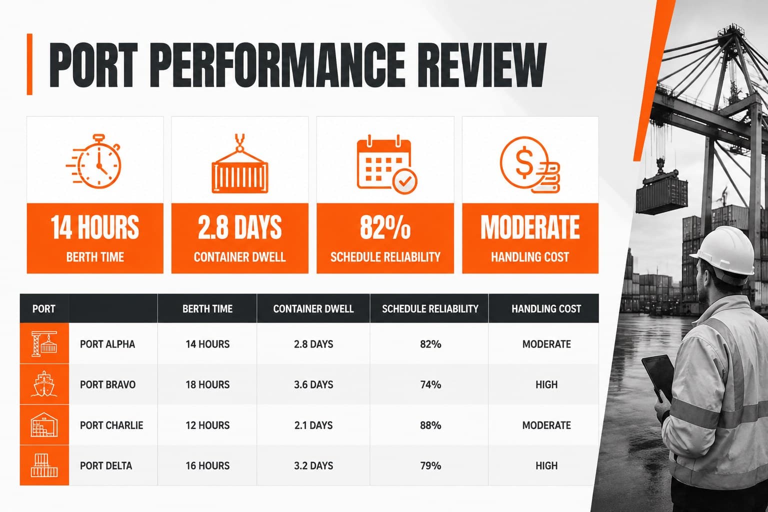 Port performance review slide comparing berth time, dwell time, reliability, and handling cost.