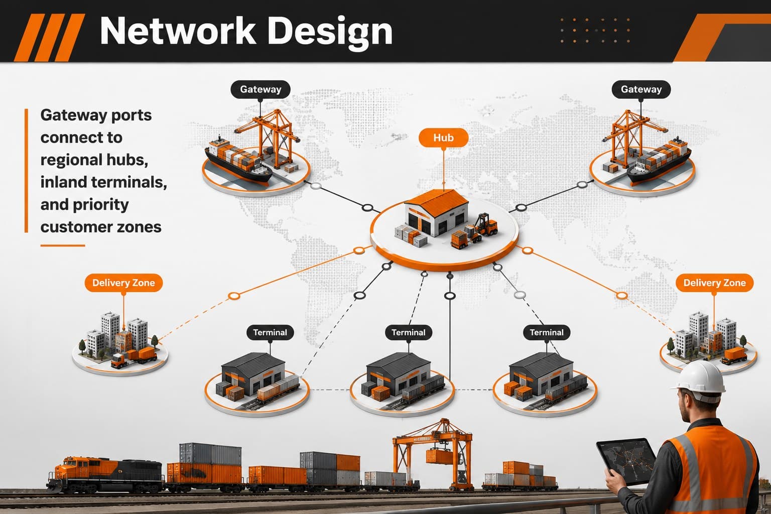 Freight network optimization presentation slide showing connected ports, hubs, and inland terminals.