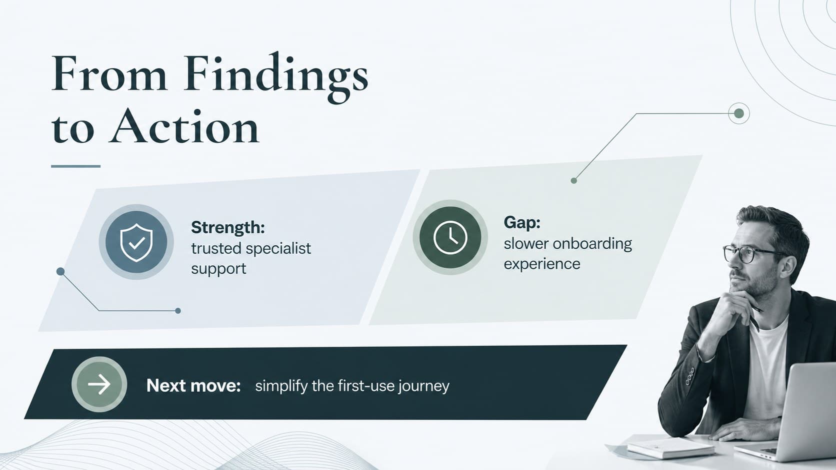Competitive analysis slide comparing two market positions with findings and recommended actions in a minimalist business layout.