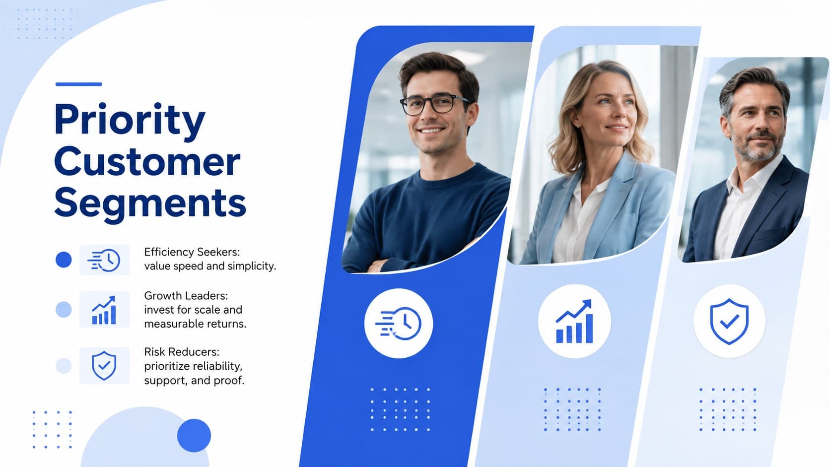 Customer segmentation slides for business featuring three audience groups and their buying priorities.