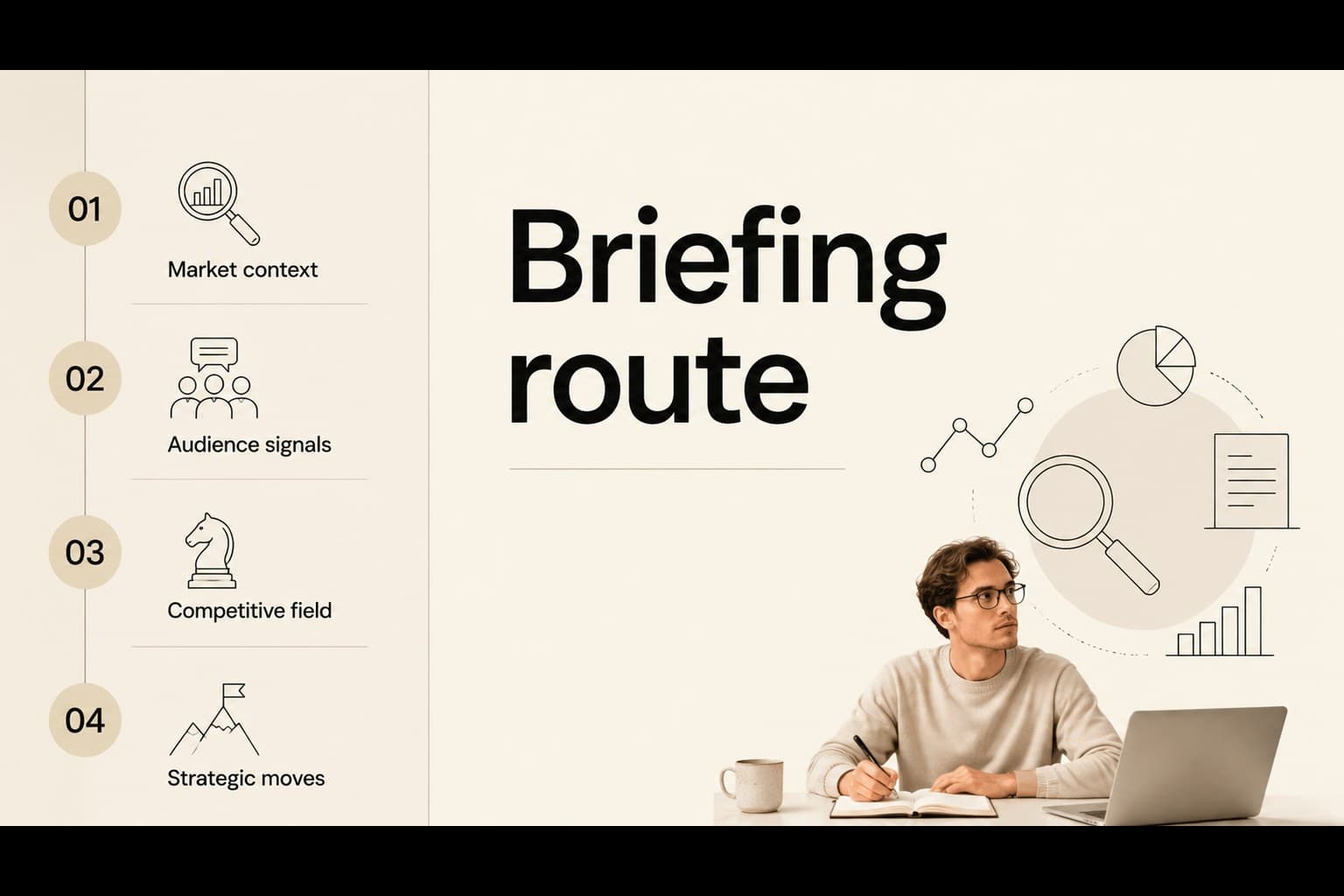 Agenda slide outlining sections in an executive market research presentation.