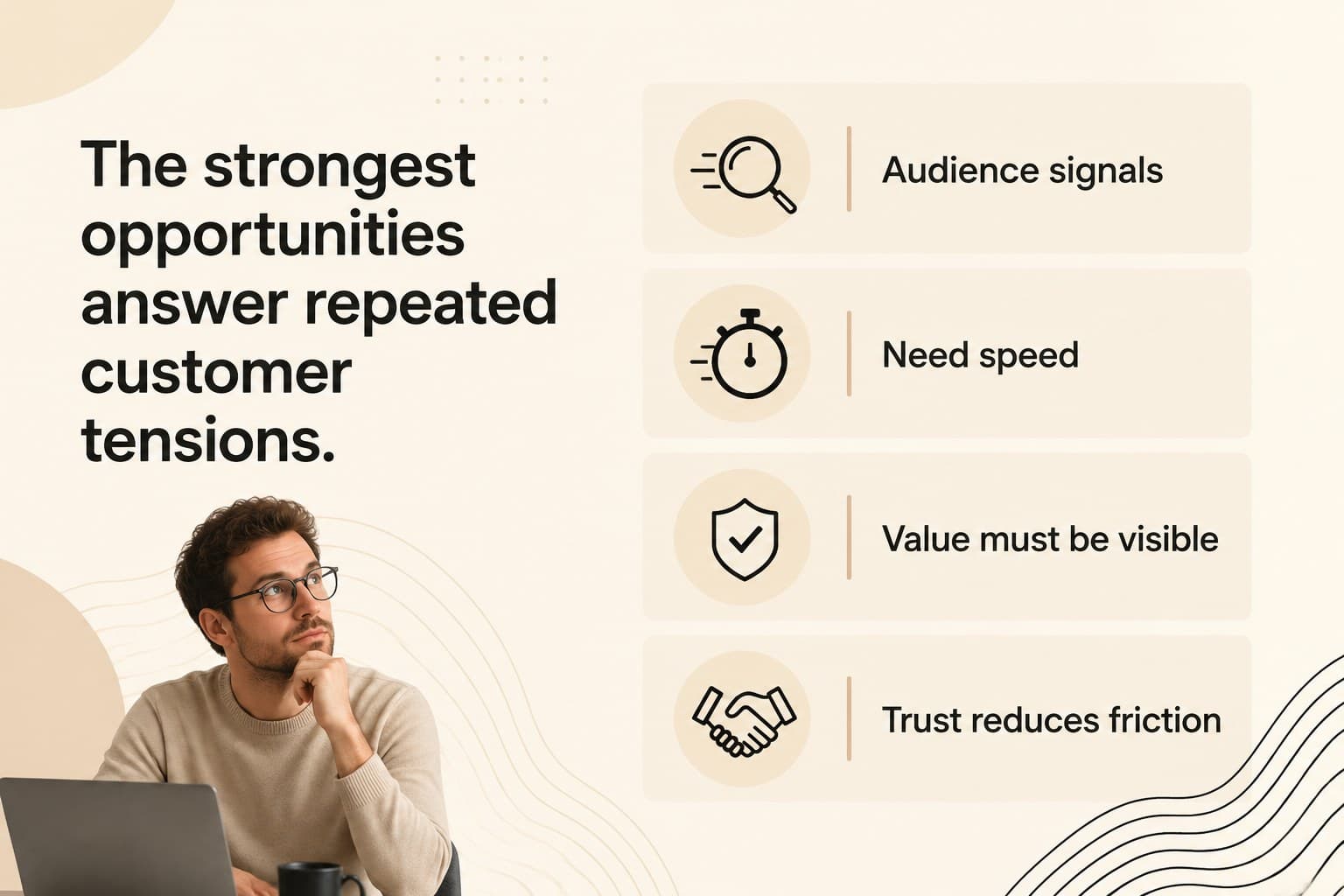 Customer insights slide organizing audience needs for market research analysis.