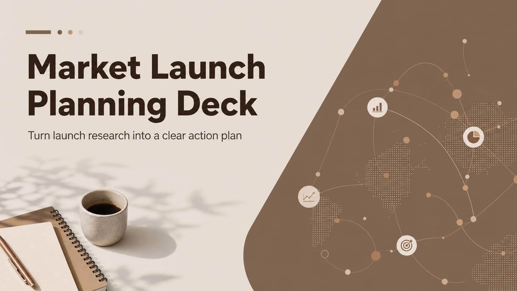 Cover slide for a market launch planning deck with an elegant beige and brown business strategy design.