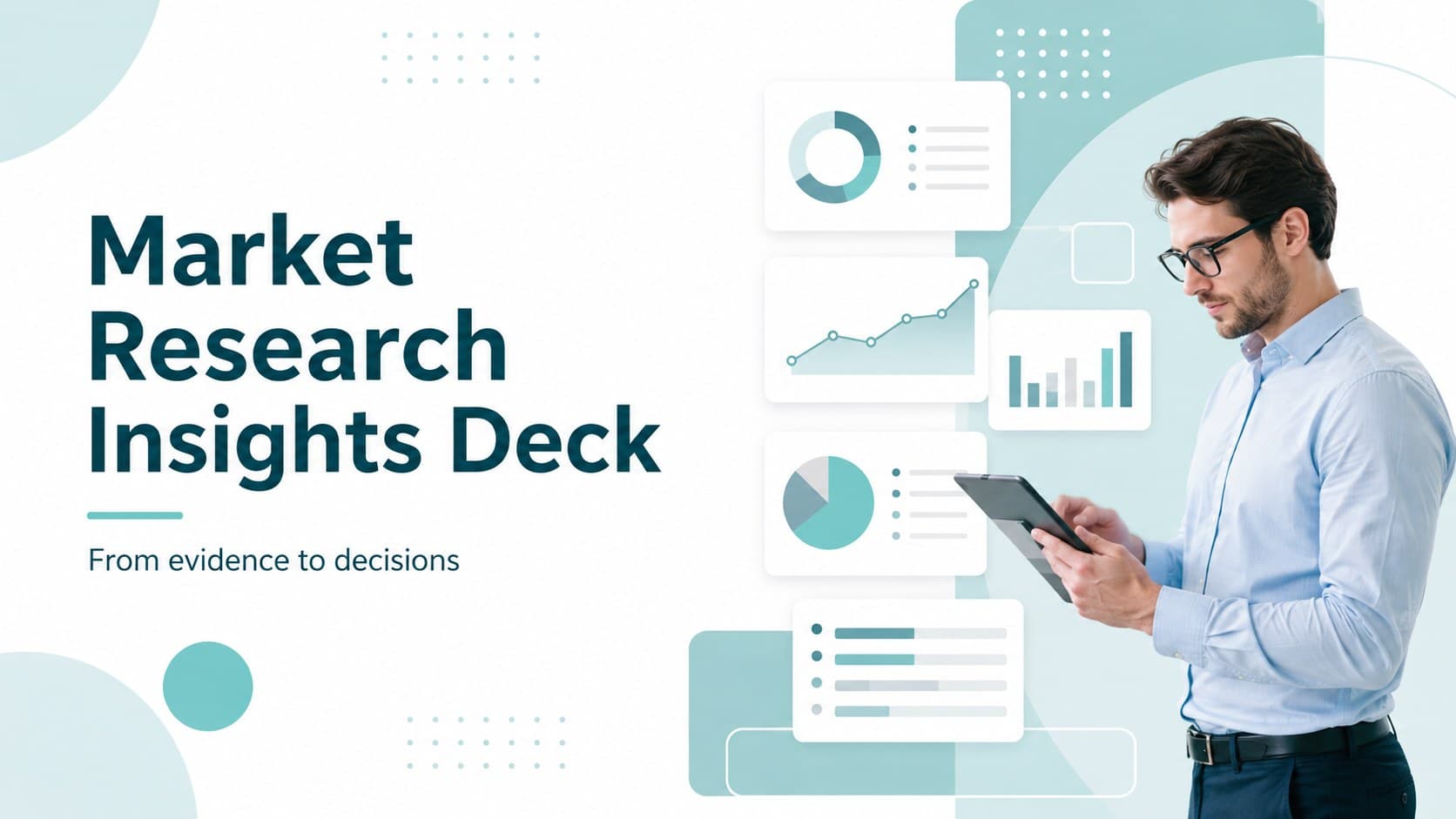 Cover slide for a market research insights deck with a blue geometric composition and concise subtitle.