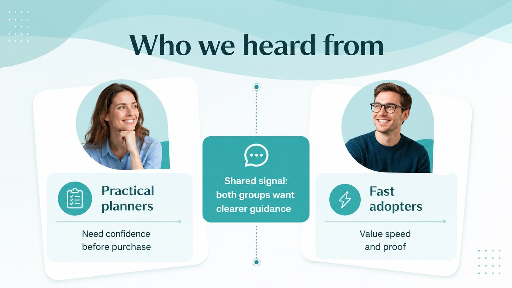 Audience profile slide comparing two customer segments with concise needs and behaviors.