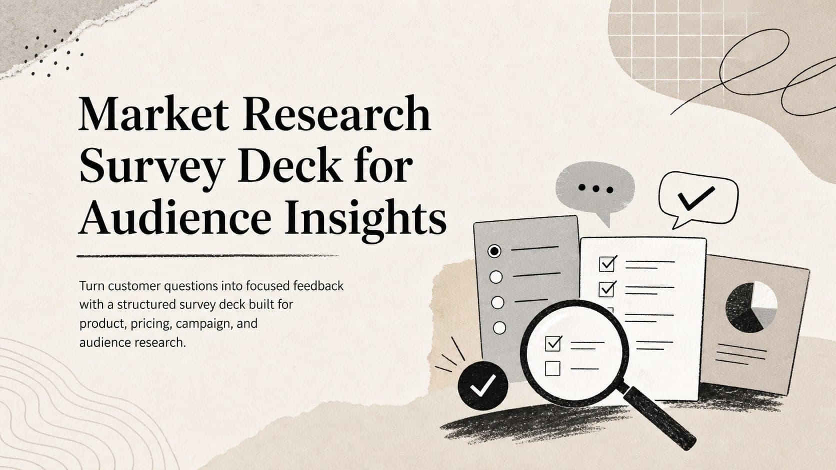 Cover of a beige illustrated market research survey deck for gathering structured audience insights.