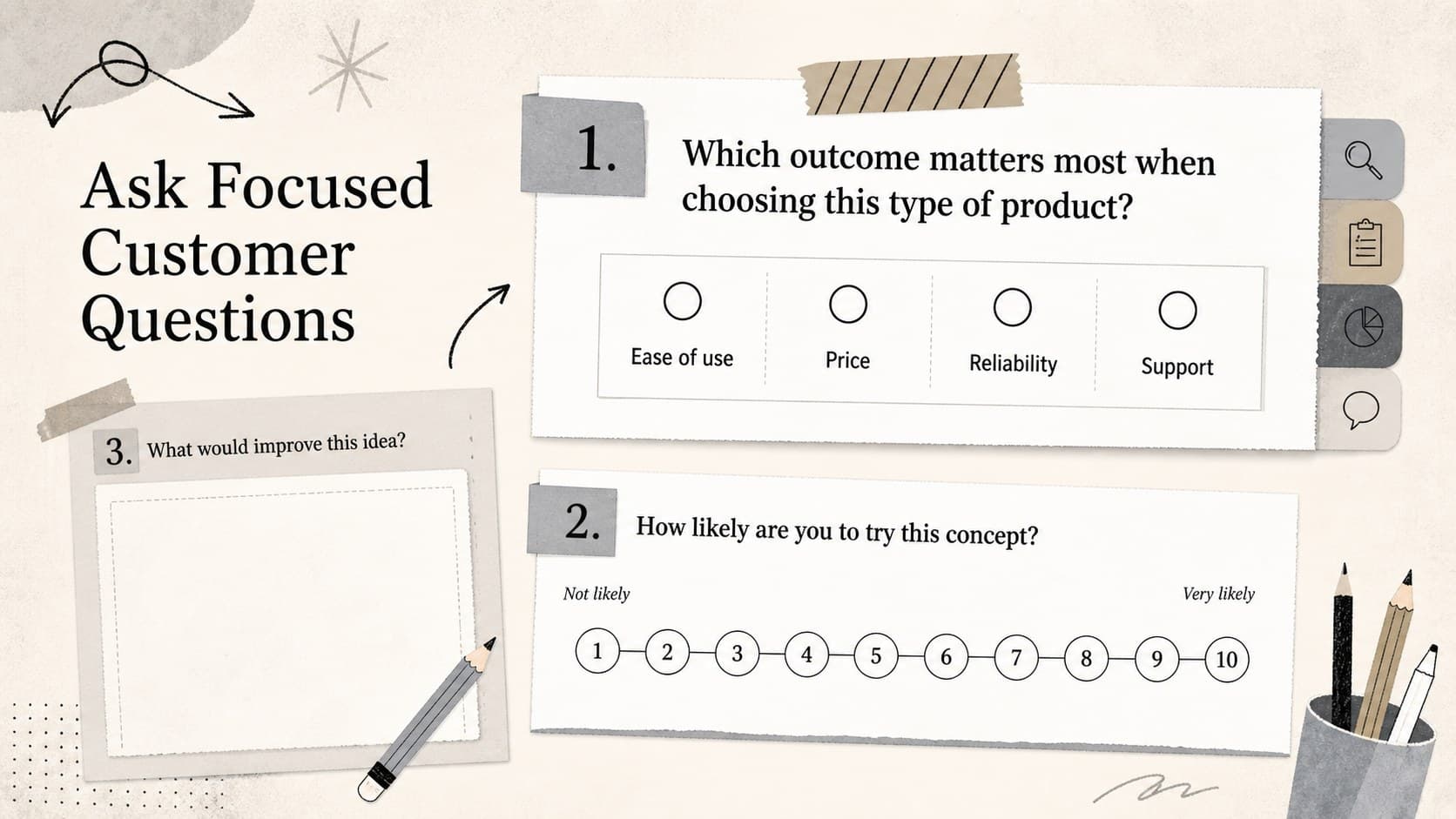 Customer feedback questionnaire slide combining multiple-choice, rating-scale, and open-response questions.