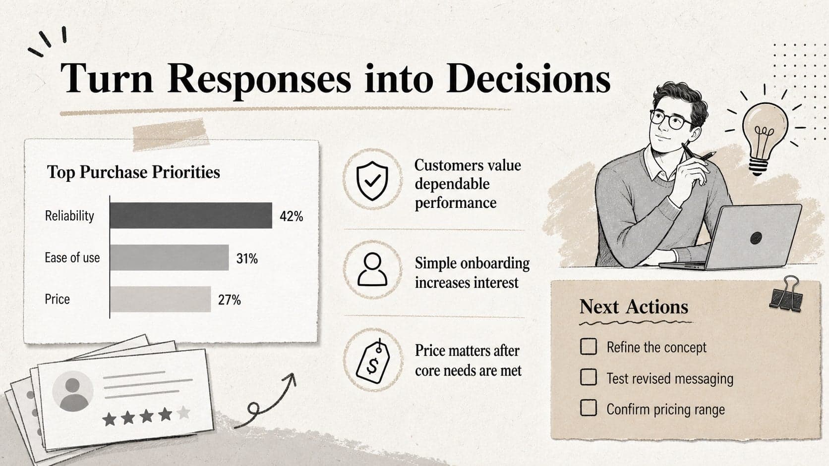 Audience research presentation slide showing response themes, rating results, and recommended next actions.