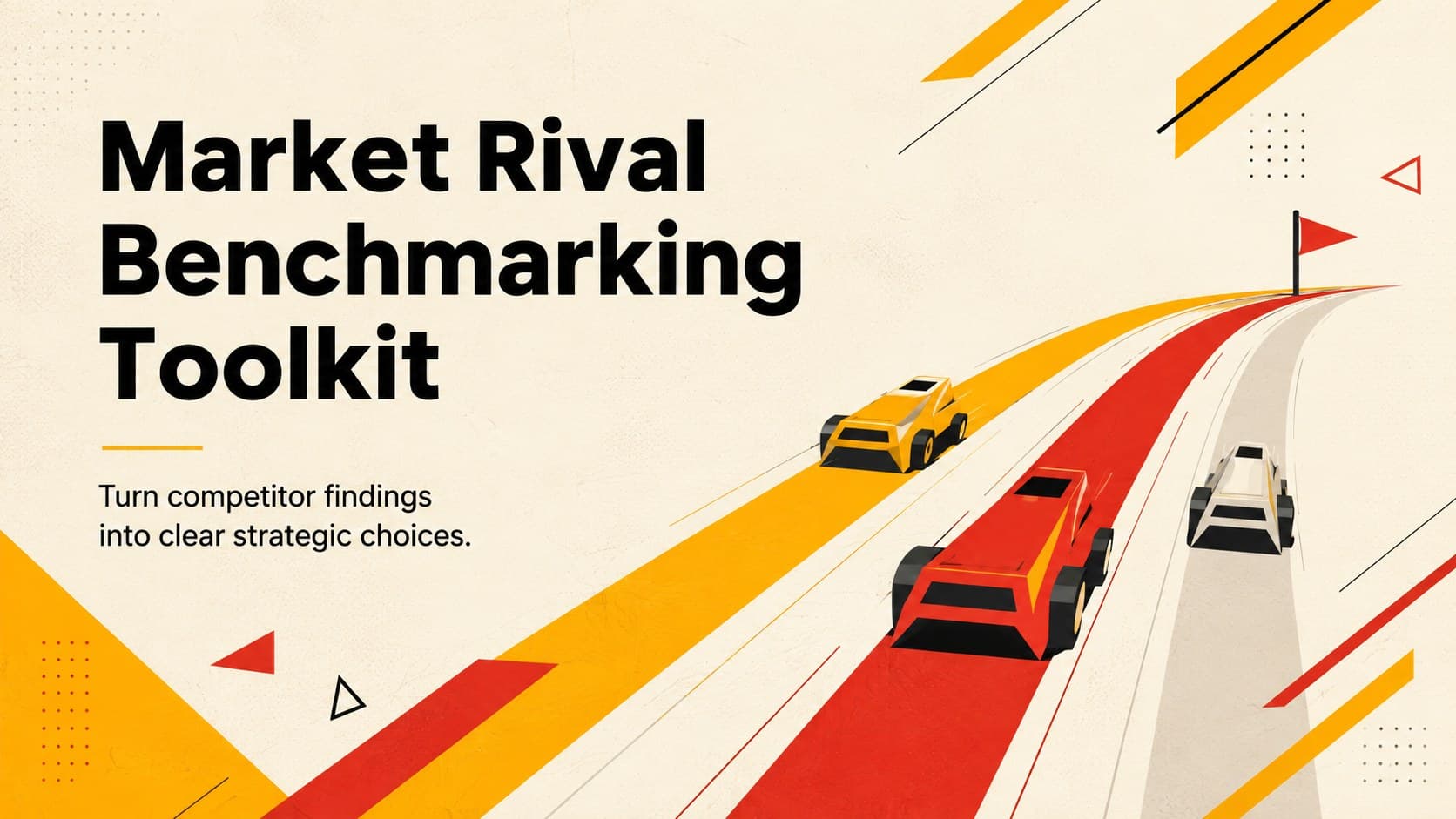 Cover of the Market Rival Benchmarking Toolkit with bold red-and-yellow business graphics.