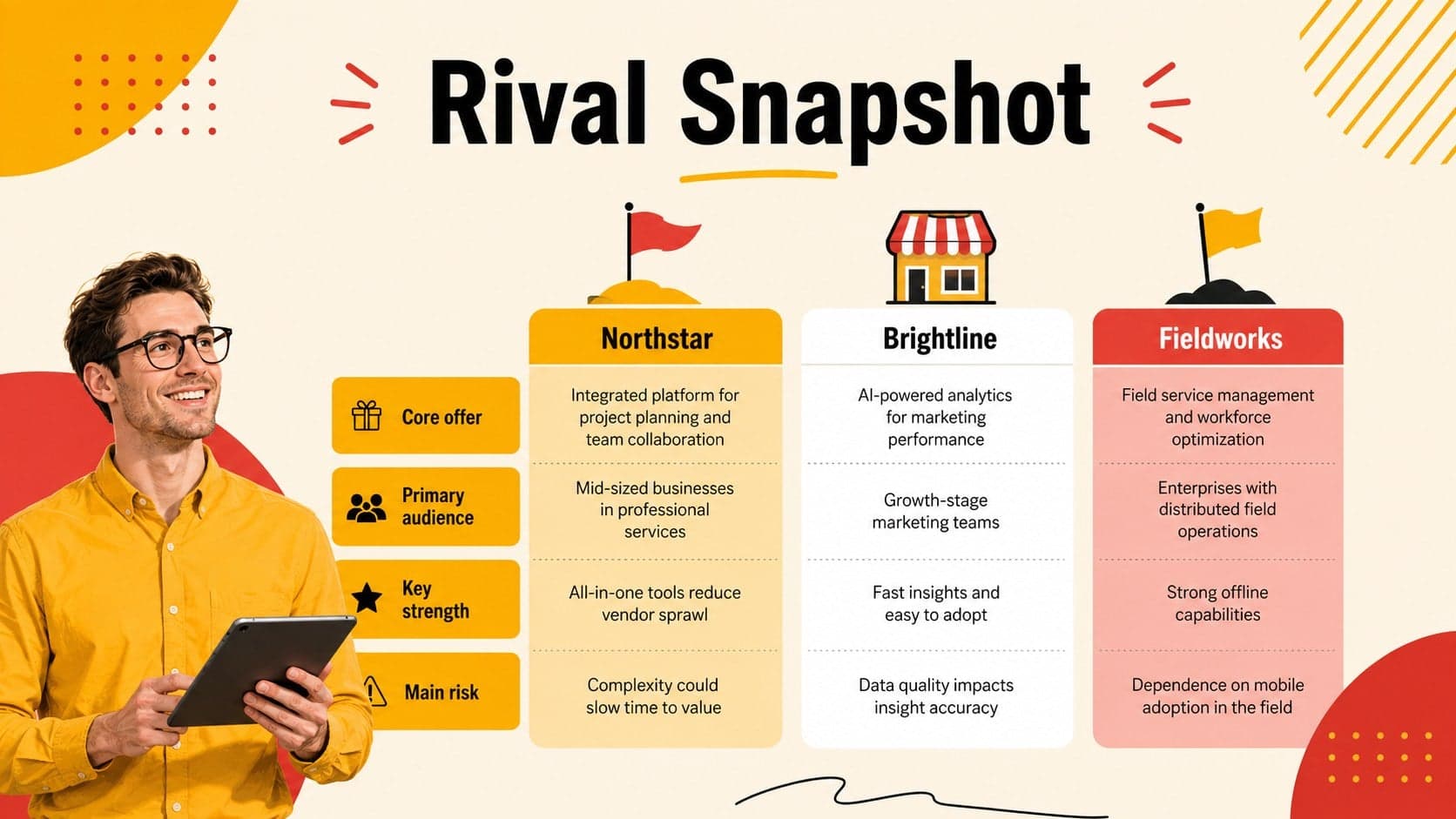 Competitor profile slide comparing three market rivals by offer, audience, strength, and risk.