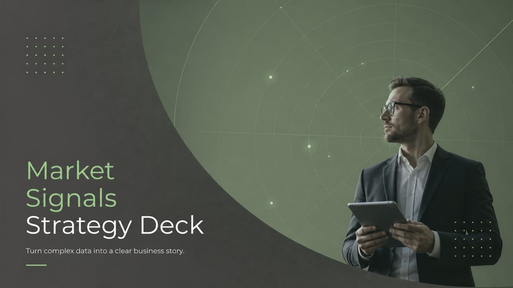 Green cover design for a Market Signals Strategy Deck with a concise business-focused subtitle.