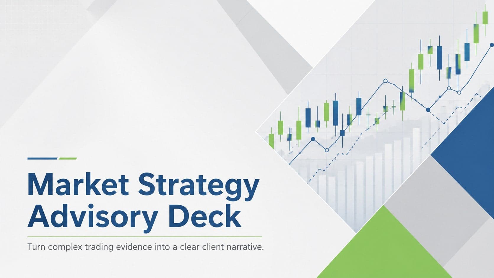 Market Strategy Advisory Deck cover with clean financial graphics in grey, blue, green, and white.