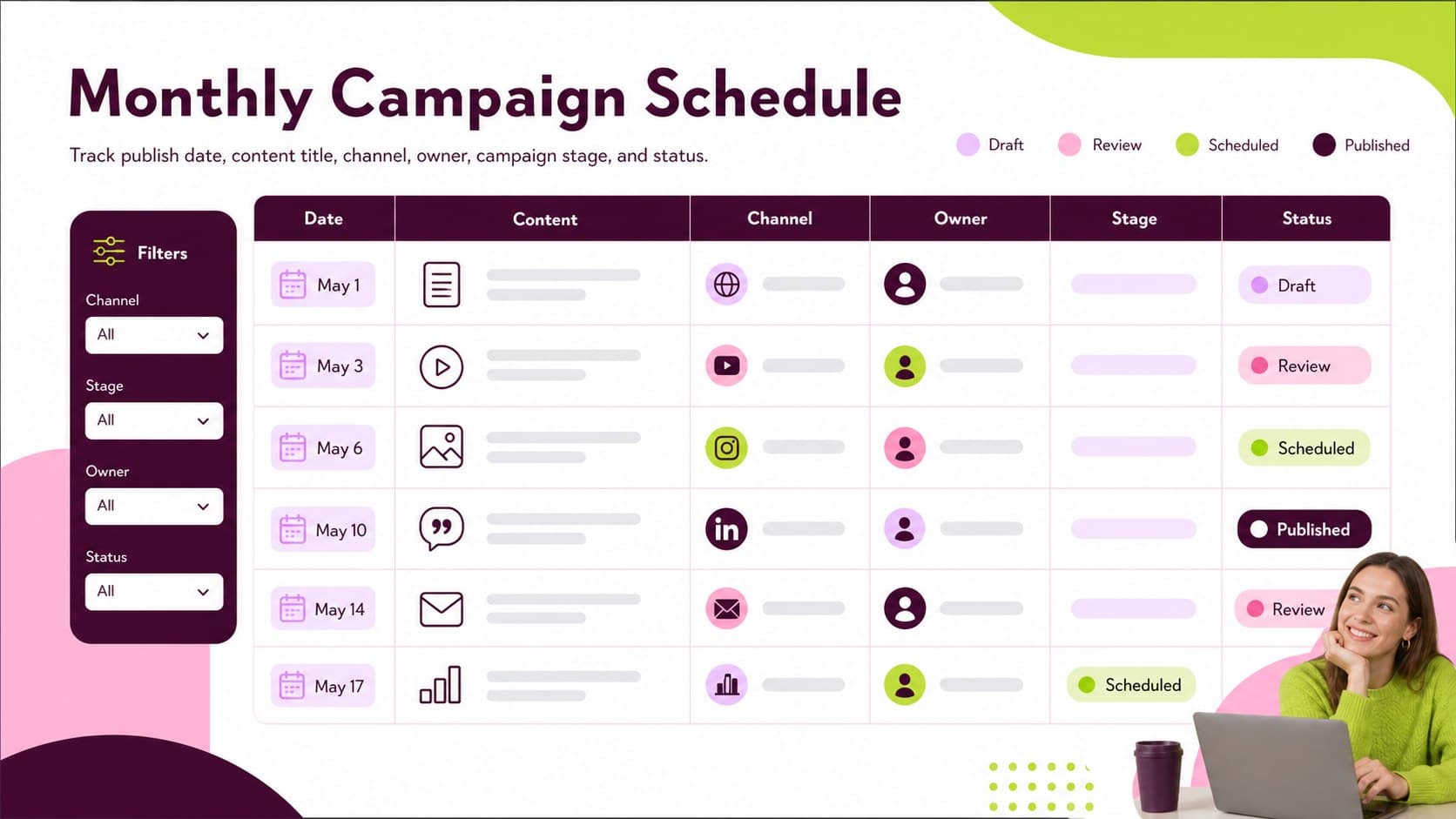 Monthly campaign publishing schedule template with editable dates, channels, owners, and color-coded workflow statuses.