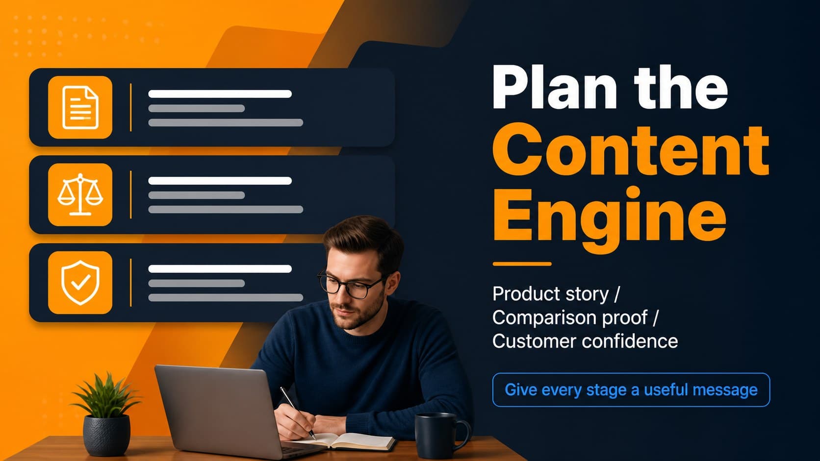 Content plan slide organizing product stories, creative formats, and publishing moments.